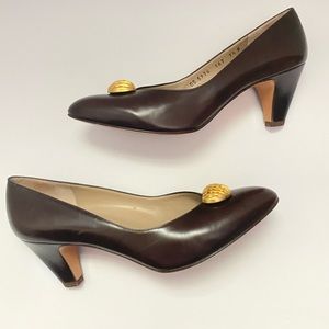 Salvatore Ferragamo Brown Leather Gold Pumps